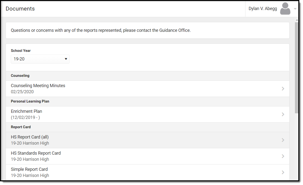Image of the Campus Portal Documents toolScreenshot of the documents tool in Campus Student and parent. 