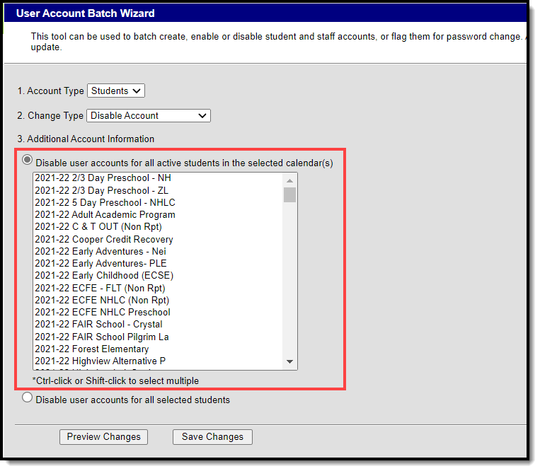 screenshot of selecting student user accounts to disable