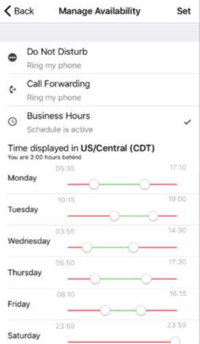 Manage Availability Screen showing "Business Hours" selected and the list of set hours for the week