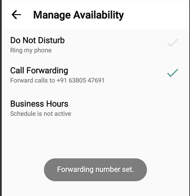 Manage Availability menu with Call Forwarding selected and a notification message saying "Forwarding number set"