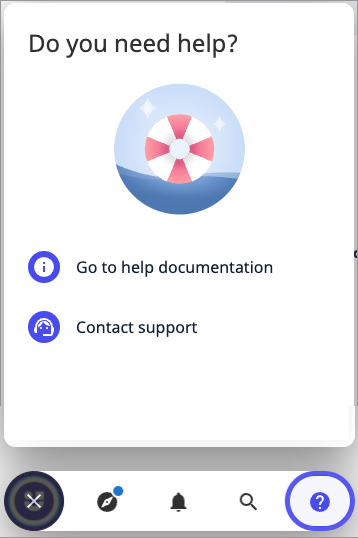 help view with icon of a life ring, icon to go to help documentation and icon to contact support