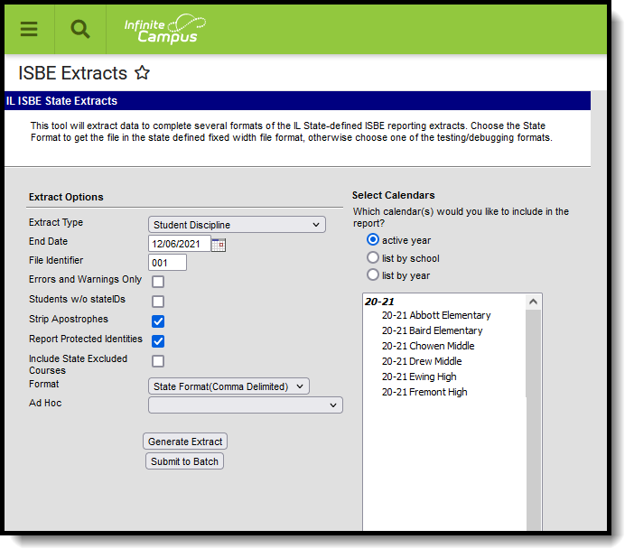 Screenshot of the ISBE Student Discipline extract editor. 