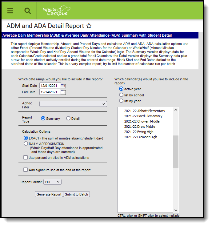 Screenshot of the ADM and ADA Detail Report Editor.