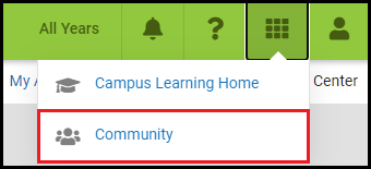 Screenshot of the App Switcher open in the New Look of Campus with a callout around the Community button.