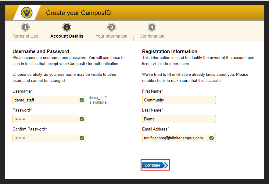 Screenshot of the Campus ID Account Details screen.