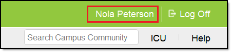Screenshot of the Campus Community header with a callout around the logged in user’s name.