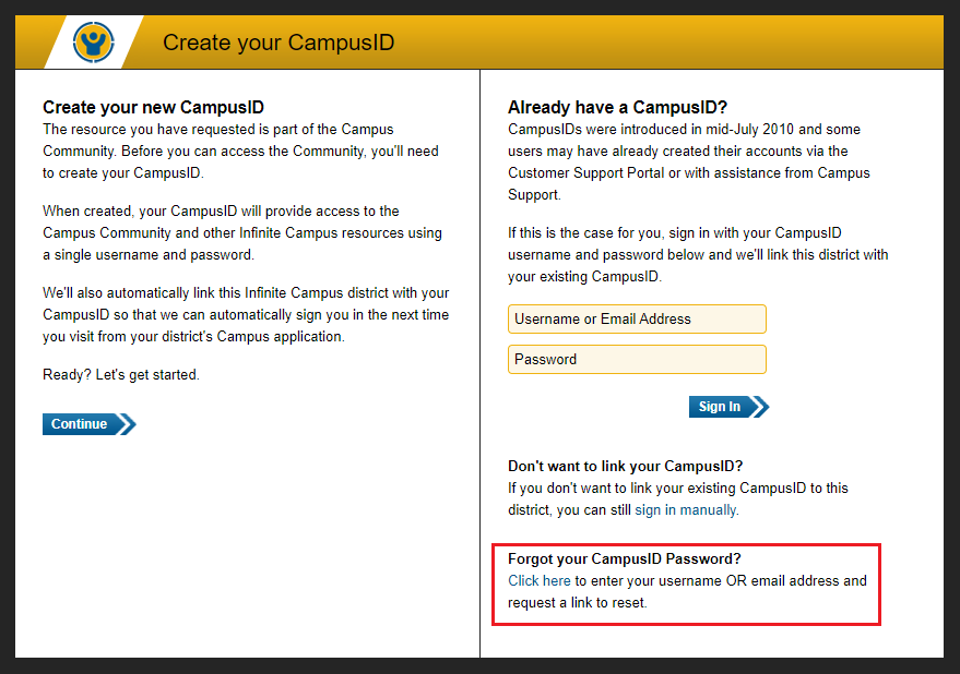 Screenshot of the Create your Campus ID screen with a callout around the instructions for recovering your password.