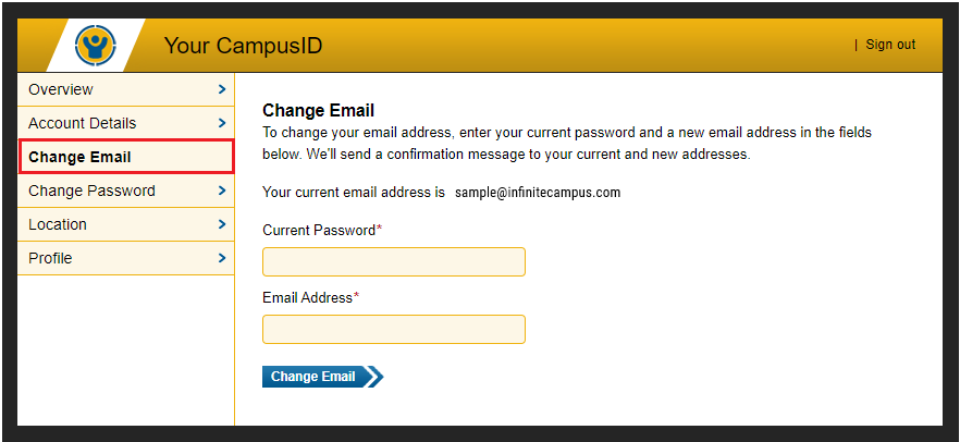 Screenshot of the Change Email screen. 