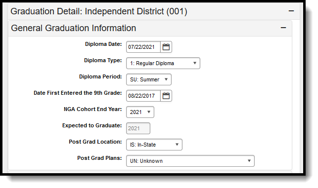 Screenshot of the General Graduation Information section of the Graduation tool.