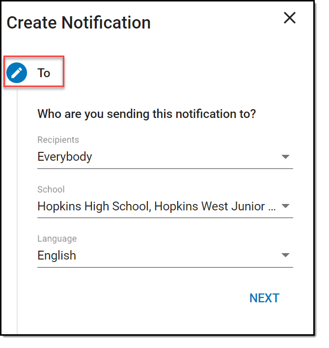 Screenshot of the Remote Dial In notification New, calling out the recipients, schools, and language for the message.