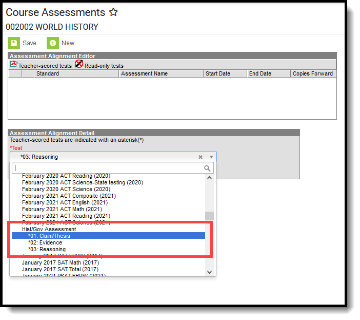 Screenshot ofCourse Assessment Alignment of Child Tests.