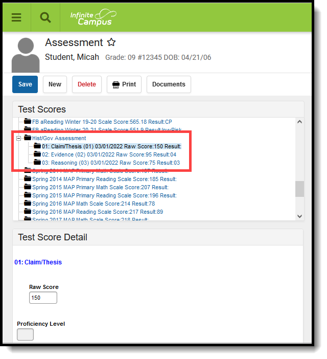 Screenshot of Student Assessment Scores.