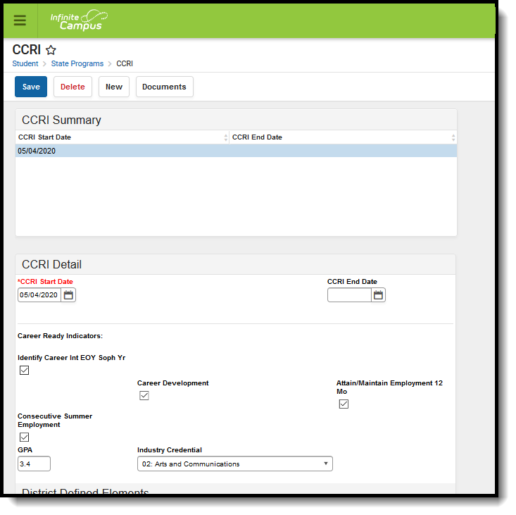Screenshots of fields available in CCRI tool.