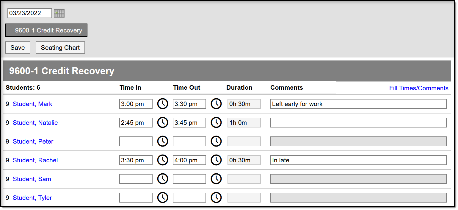 Screenshot of the positive attendance tool with Time In, Time Out, and Comments fields for each student.  
