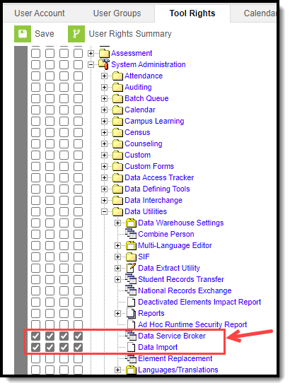 Screenshot highlighting the location of the tool rights needed under Data Service Broker and Data Import.