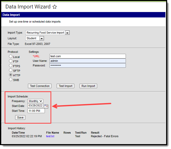Screenshot highlighting the location of the Import Schedule options on the Data Import editor.