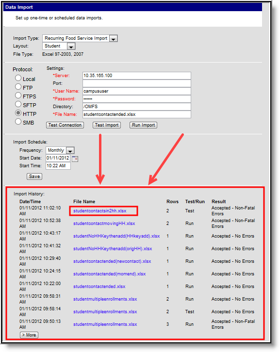 Screenshot highlighting the location of the Import History section on the Data Import editor