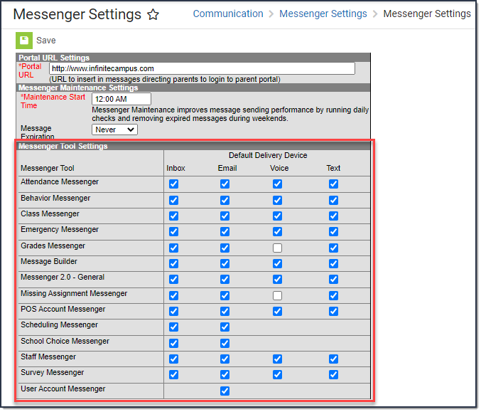 Screenshot of the Messenger Settings tool where the Messenger Tool Settings section is highlighted.