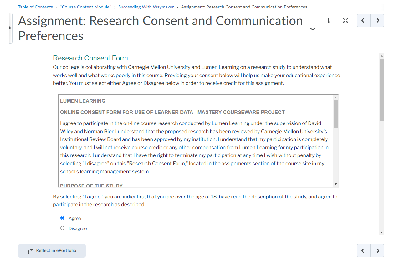 Shows the Research Consent Form Agreement.