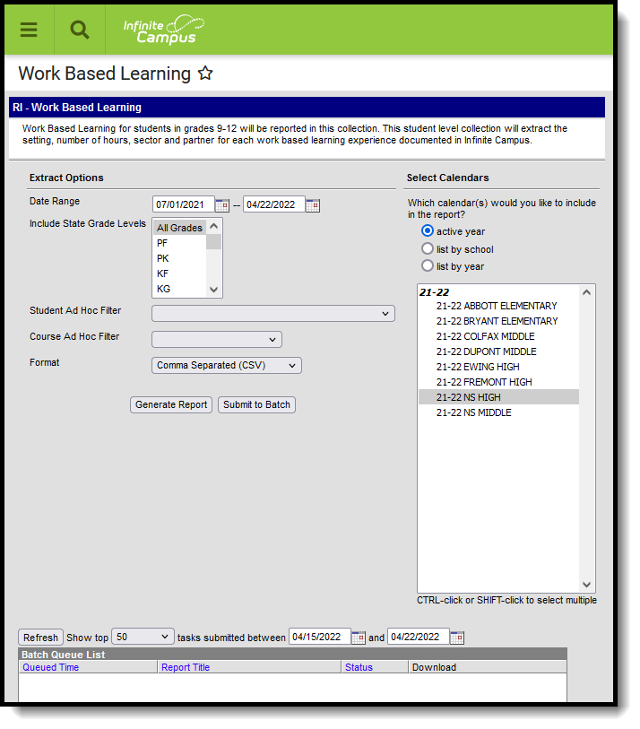 Screenshot of the Work Based Learning extract editor. 