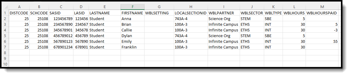 Screenshot of an example of the Work Based Learning extract in CSV format. 