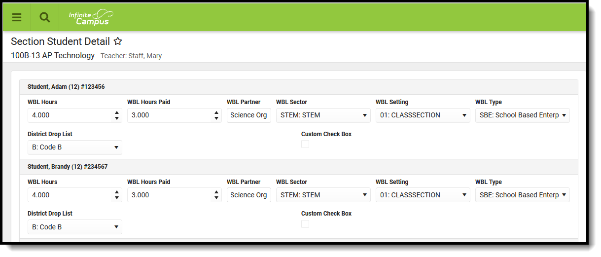 Screenshot of an example of the section student detail editor. .