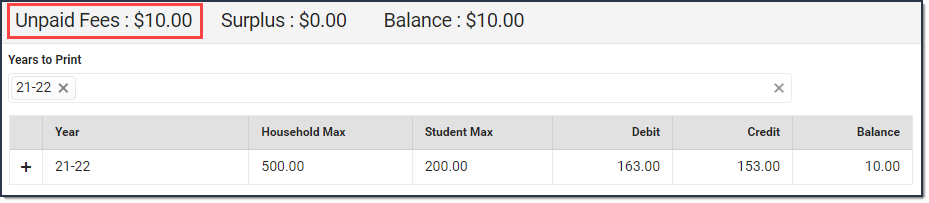 Screenshot of the Fees tool for a student. The Unpaid Fees amount is highlighted.