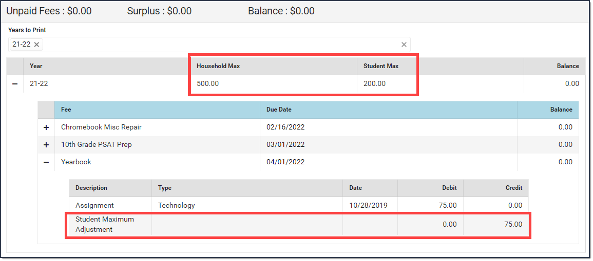 Screenshot showing a household maximum of $500 and a student maximum of $200. 