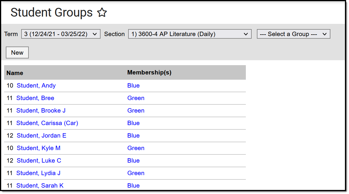 Screenshot of the Student Groups tool, with group memberships listed for students in the section.  