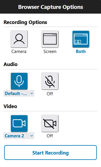 Browser capture options displayed: Recording Options, Audio, Video and Start Recording.