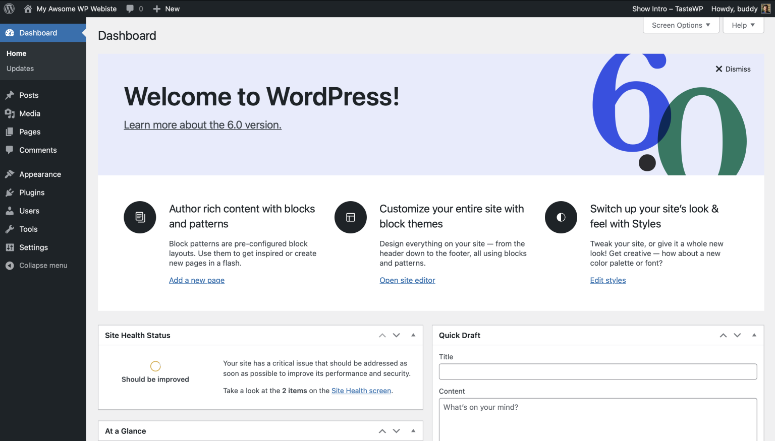 Screenshot of WordPress dashboad