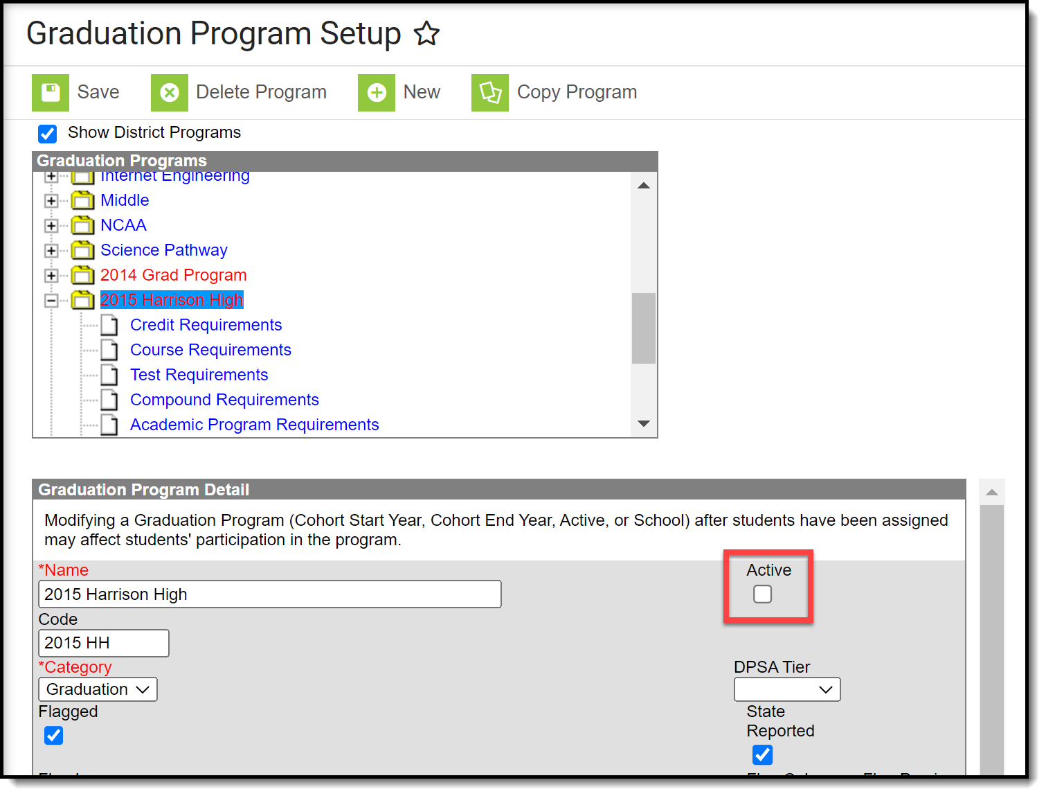 Screenshot of the Active checkbox not being marked on the Graduation Program Detail. 