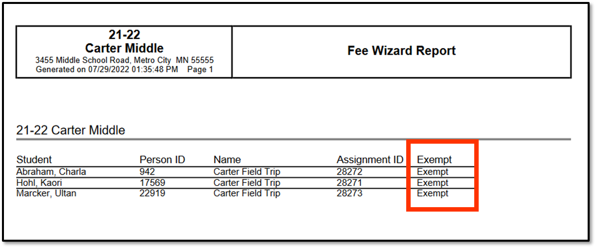 Screenshot of the report that displays when the Run Wizard button is clicked. Each student has an exempt status.