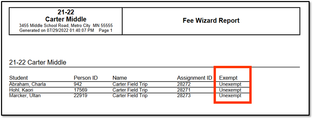 Screenshot of the report that displays when the Run Wizard button is clicked. Each student has an unexempt status.