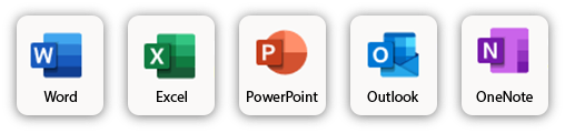 List of icons of Microsoft products: Word, Excel, PowerPoint, Outlook, OneNote