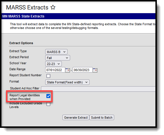 Screenshot of the MARSS Extracts tool.