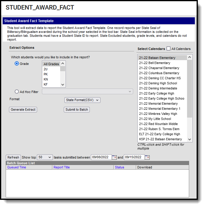 Screenshot of Student Award Fact Template Editor.