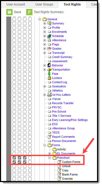Screenshot of selected Tool Rights for Preschool and Custom Forms sub-right under Preschool.