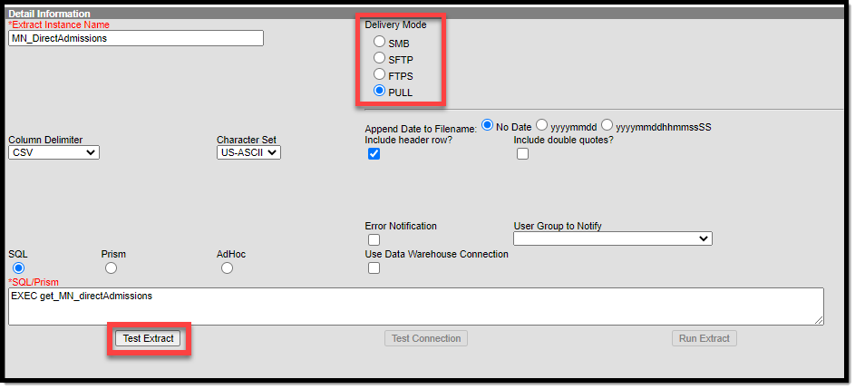 Screenshot of the Data Extract Utility Detail Information.