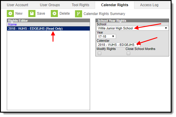 Screenshot of school year rights example.