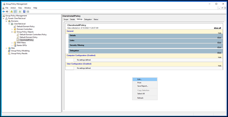 Group policy management screen with edit highlighted in the right click menu