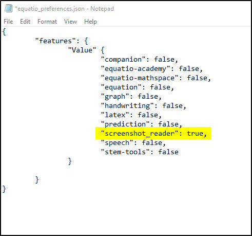 equatio_preferences.json file features set to false Screenshot Reader set to true screenshot
