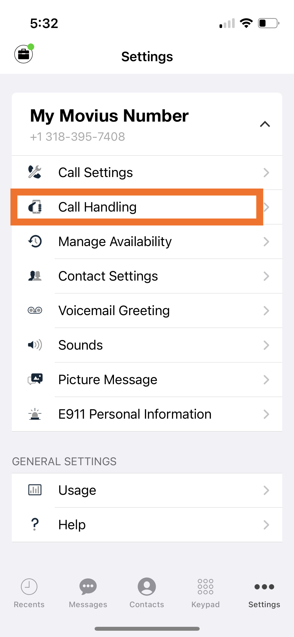 Settings menu with "Call Handling" highlighted