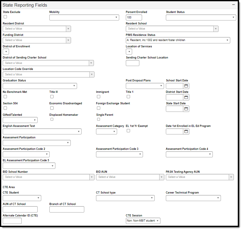 Screenshot of the state reporting fields.