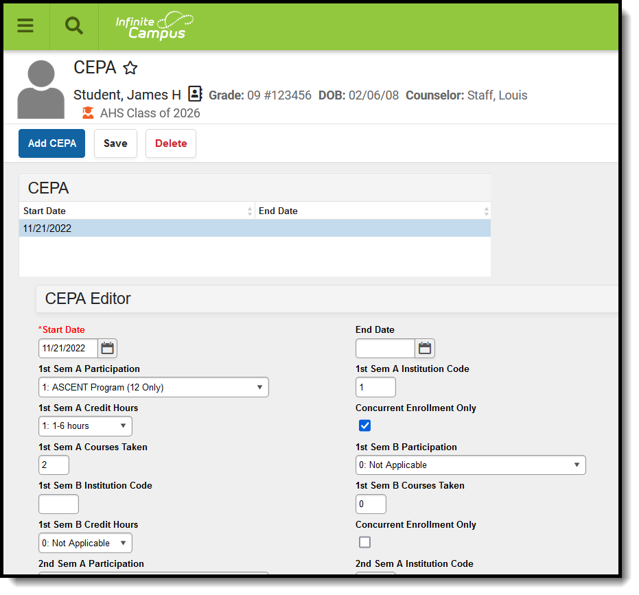 Screenshot of Student CEPA