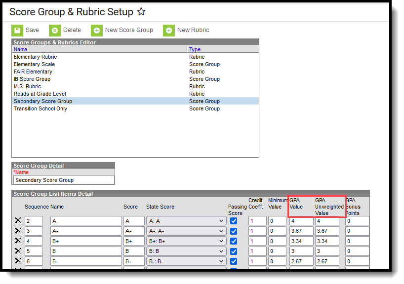 Screenshot of a sample score group list items detail editor with GPA Value and GPA Unweighted value columns highlighted.