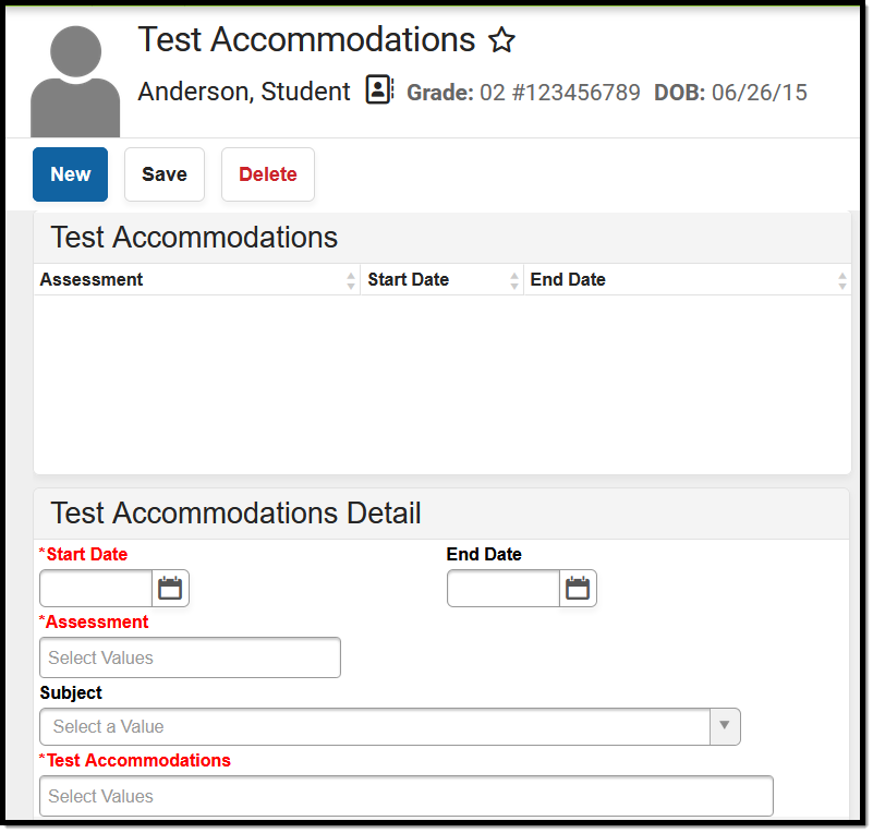 Image of the Test Accommodations Editor.