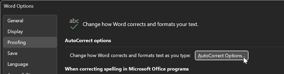 microsoft word options showing autocorrect options in the proofing tab