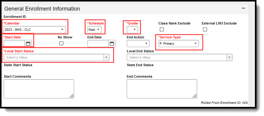 Screenshot of the enrollment editor with all required fields highlighted. 