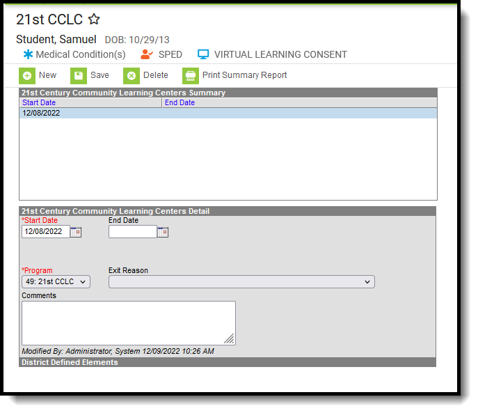 Screenshot of the CCLC Record. 